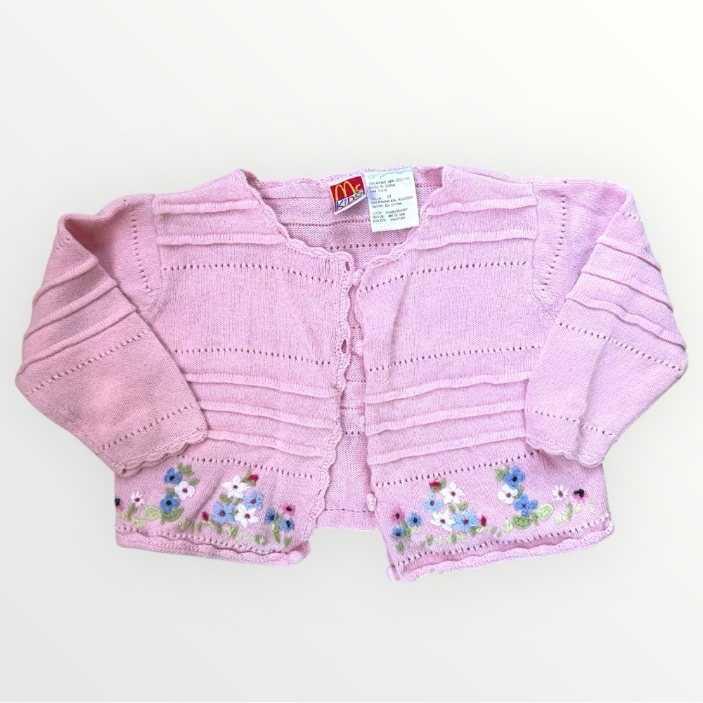 Vintage McDonald’s Kids Pink Knit Cardigan Floral Embroidered Size 2T